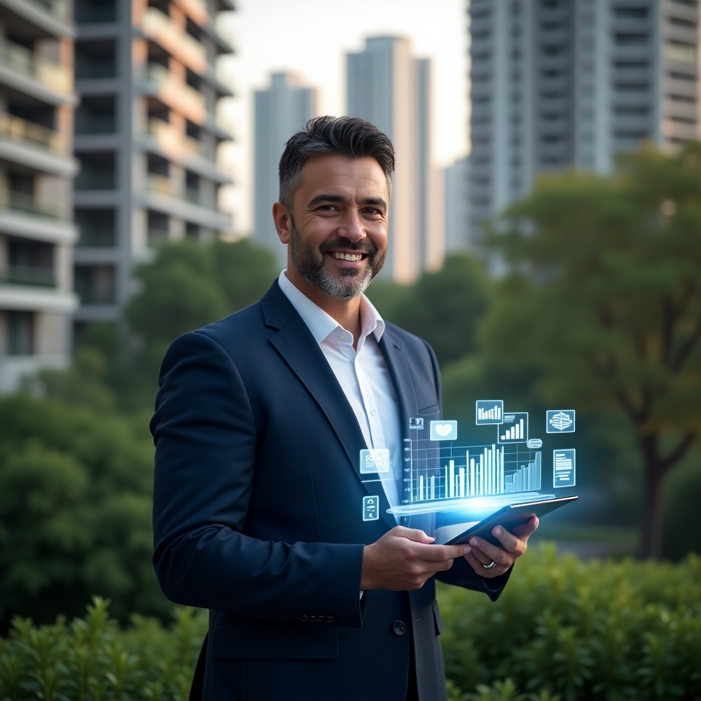 (Ultra-realistic condominium manager in a navy suit, set in a modern luxury condominium environment with high-rise buildings and lush green landscaping, holding a tablet displaying a holographic dashboard of automated billing, reservations and financial reports, confident and satisfied expression, floating icons of charts, calendars and invoices around the device, cinematic lighting, shallow depth of field, highly detailed textures, realistic skin, photographic realism, 8k resolution --ar 1:1 --v 6)