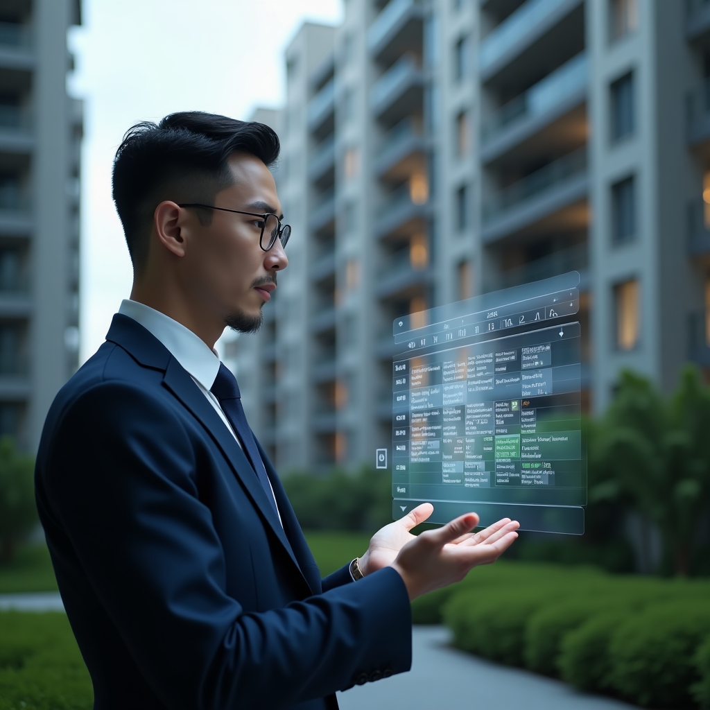(Ultra-realistic condominium manager in a navy executive suit, set in a modern luxury condominium environment with high-rise buildings and manicured green landscaping, examining a glowing holographic calendar timeline with floating task icons, confident and focused expression, cinematic lighting, shallow depth of field, highly detailed textures, realistic skin, photographic realism, 8k resolution --ar 1:1 --v 6)