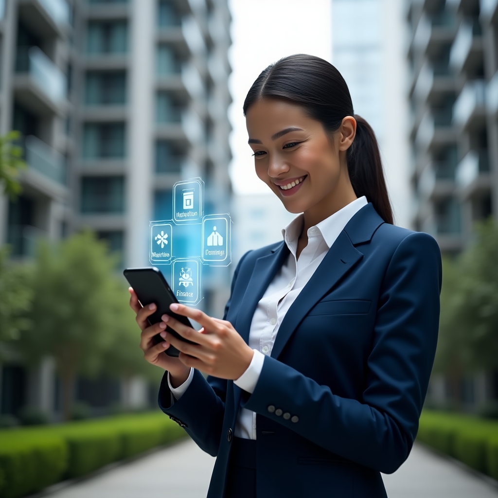 Ultra-realistic condominium manager in a navy-blue suit, set in a modern luxury condominium environment with high-rise buildings and manicured green landscaping, holding a smartphone projecting a holographic condo management app interface with icons for communication, maintenance and finance, confidently smiling as they interact with the display, cinematic lighting, shallow depth of field, highly detailed textures, realistic skin, photographic realism, 8k resolution --ar 1:1 --v 6