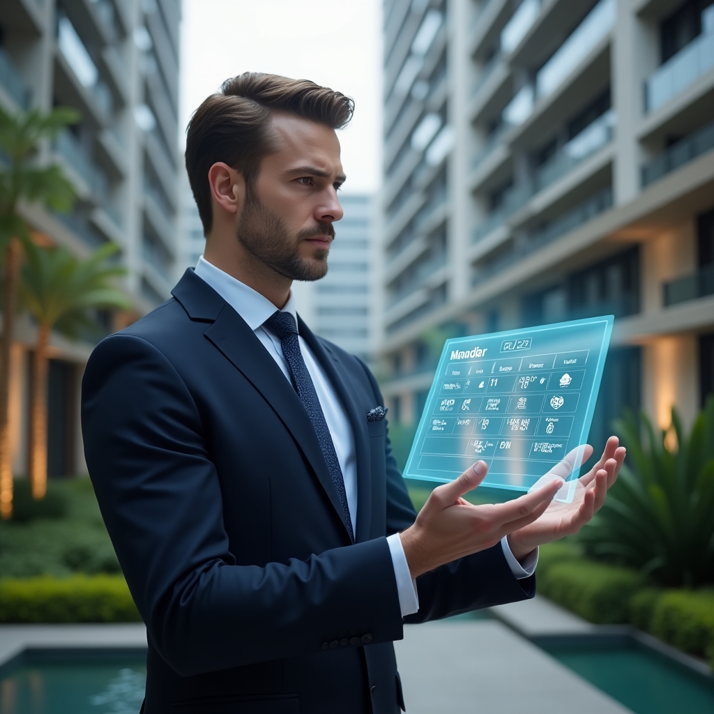 (Ultra-realistic condominium manager in a tailored navy blue suit, set in a modern luxury condominium environment with high-rise buildings and manicured green landscaping, holding a transparent holographic schedule and tapping maintenance icons on a floating calendar, glowing holographic calendar with service symbols, confident and focused expression, cinematic lighting, shallow depth of field, highly detailed textures, realistic skin, photographic realism, 8k resolution --ar 1:1 --v 6)