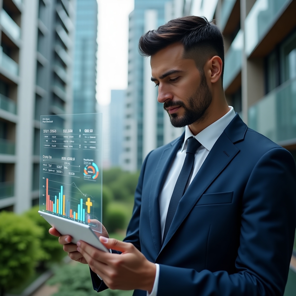 Ultra-realistic condominium manager in a navy blue executive suit, set in a modern luxury condominium environment with high-rise buildings and lush green landscaping, reviewing a floating holographic financial report with bar graphs and pie charts that represent the eight essential report items, confident and analytical expression, cinematic lighting, shallow depth of field, highly detailed textures, realistic skin, photographic realism, 8k resolution --ar 1:1 --v 6