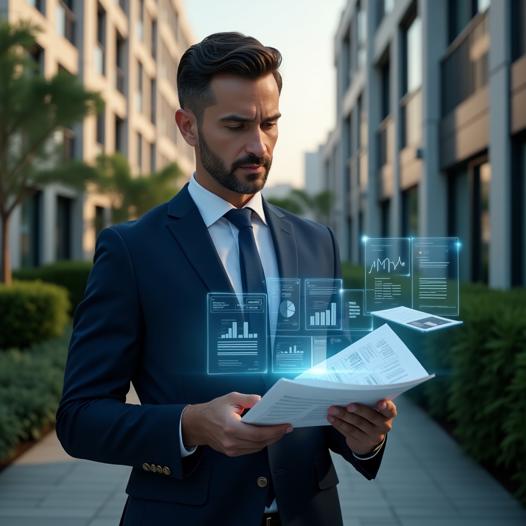 (Ultra-realistic condominium manager in a tailored navy blue suit, set in a modern luxury condominium environment with high-rise buildings and meticulously manicured greenery, reviewing and organizing transparent holographic financial documents and charts with a confident, focused expression, floating spreadsheets and pie-chart holograms symbolizing accountability, cinematic lighting, shallow depth of field, highly detailed textures, realistic skin, photographic realism, 8k resolution --ar 1:1 --v 6)