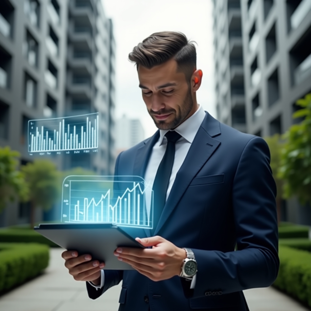 (Ultra-realistic condominium manager in a tailored navy suit, set in a modern luxury condominium environment with high-rise buildings and manicured green landscaping, medium close-up focusing on the professional holding a tablet displaying holographic financial charts and a digital ledger, confident and focused expression, symbolic translucent graphs floating around, cinematic lighting, shallow depth of field, highly detailed textures, realistic skin, photographic realism, 8k resolution --ar 1:1 --v 6)