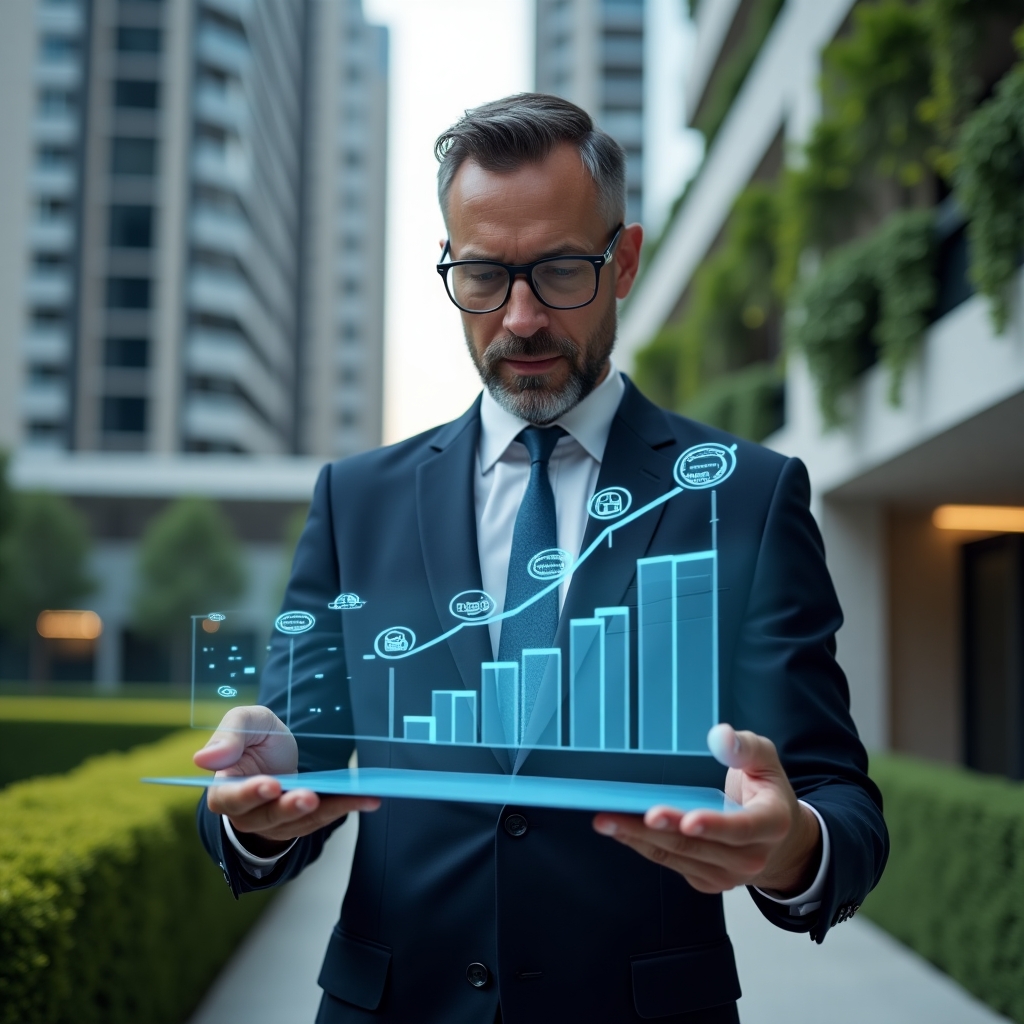 (Ultra-realistic property manager in a tailored navy suit, set in a modern luxury condominium environment with high-rise buildings and manicured green landscaping, mid-shot of the professional confidently reviewing financial charts on a transparent holographic display showing downward cost-reduction arrows, floating icons of coins and spreadsheets symbolizing expense control, cinematic lighting, shallow depth of field, highly detailed textures, realistic skin, photographic realism, 8k resolution --ar 1:1 --v 6)