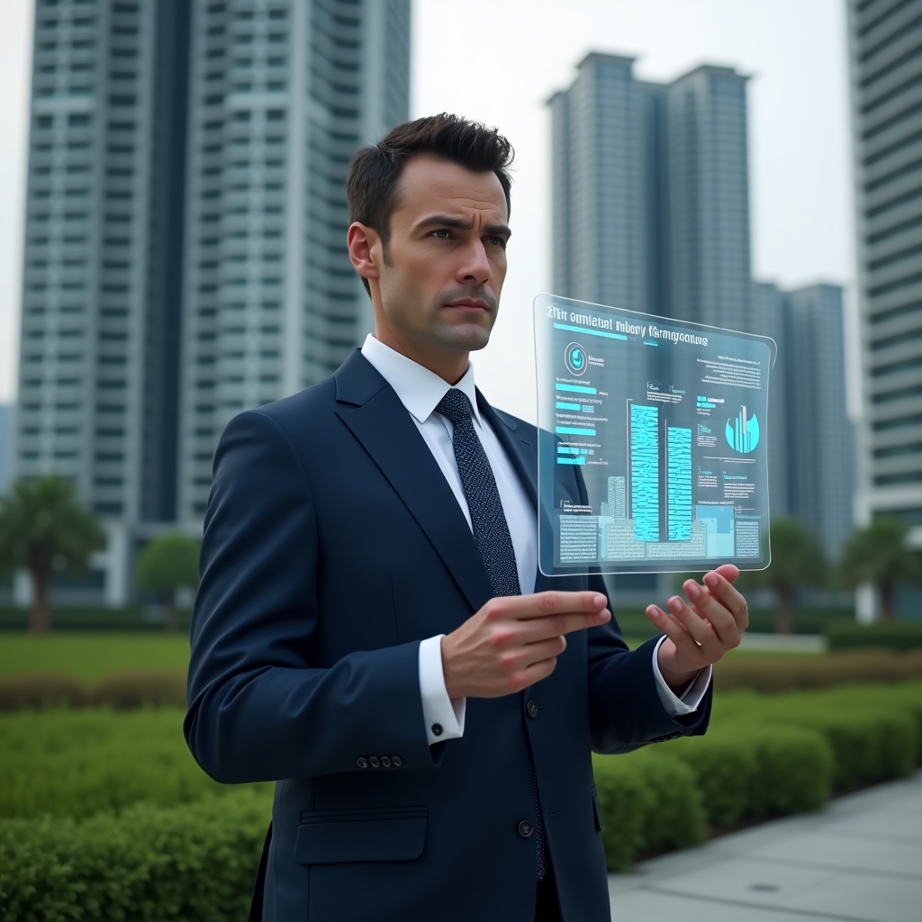 Ultra-realistic condominium manager in a navy tailored suit, set in a modern luxury condominium environment with high-rise buildings and lush green landscaping, examining a floating holographic interface of building analytics and resident satisfaction charts, confident and focused expression, cinematic lighting, shallow depth of field, highly detailed textures, realistic skin, photographic realism, 8k resolution --ar 1:1 --v 6