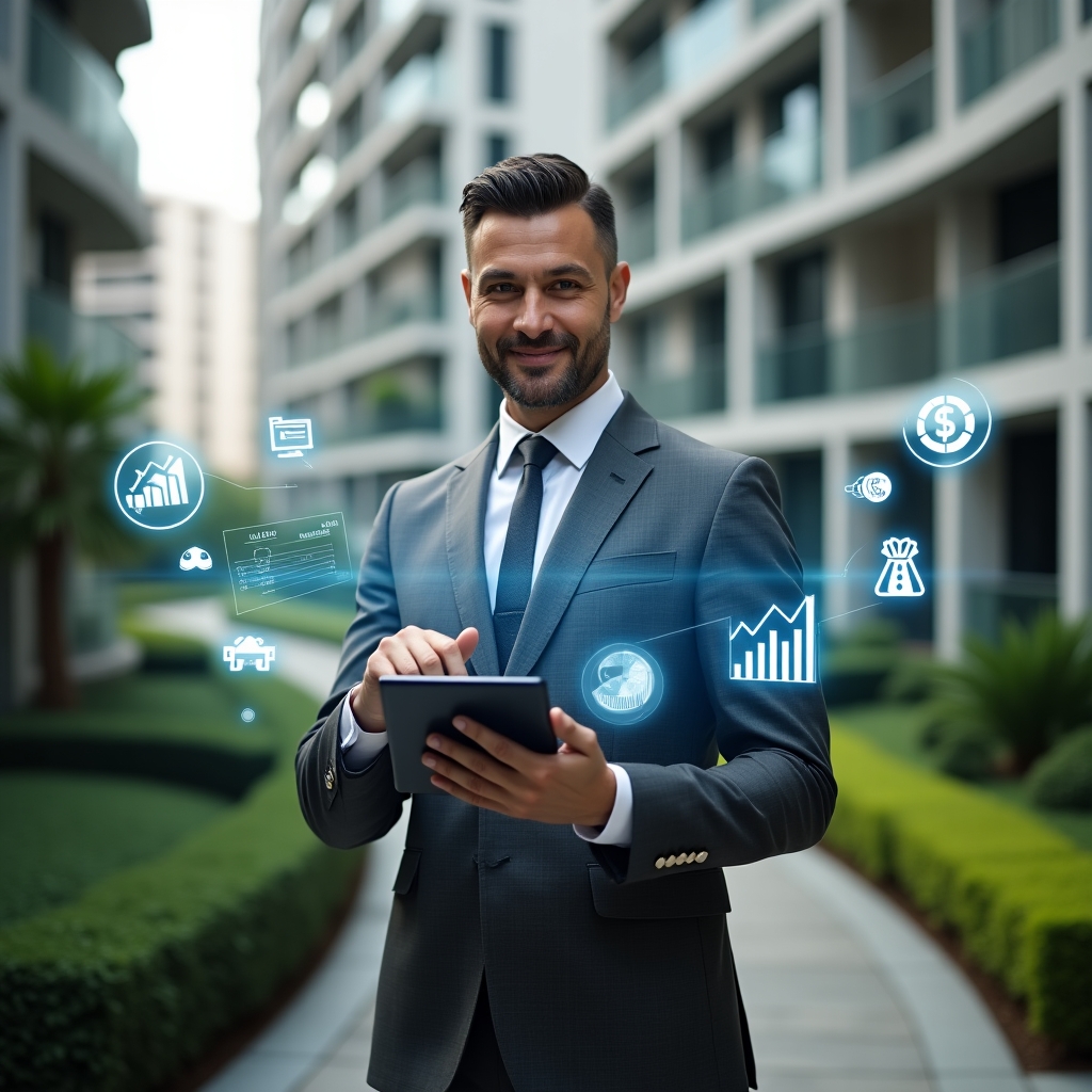 (Ultra-realistic condo manager in a charcoal gray suit, set in a modern luxury condominium environment with high-rise buildings and lush green landscaping, mid-shot holding a tablet and pointing at floating holographic pie charts and line graphs representing expense control, dollar sign icons and digital receipts orbiting around, confident and focused expression, cinematic lighting, shallow depth of field, highly detailed textures, realistic skin, photographic realism, 8k resolution --ar 1:1 --v 6)