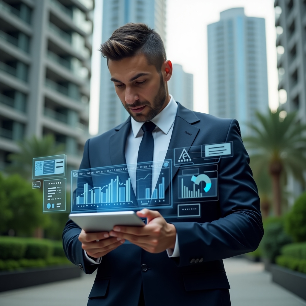 (Ultra-realistic condo manager in a navy executive suit, set in a modern luxury condominium environment with high-rise buildings and lush green landscaping, holding a tablet and reviewing floating holographic financial charts and expense reports, confident and focused expression, digital icons of invoices and pie-chart overlays beside them, cinematic lighting, shallow depth of field, highly detailed textures, realistic skin, photographic realism, 8k resolution --ar 1:1 --v 6)