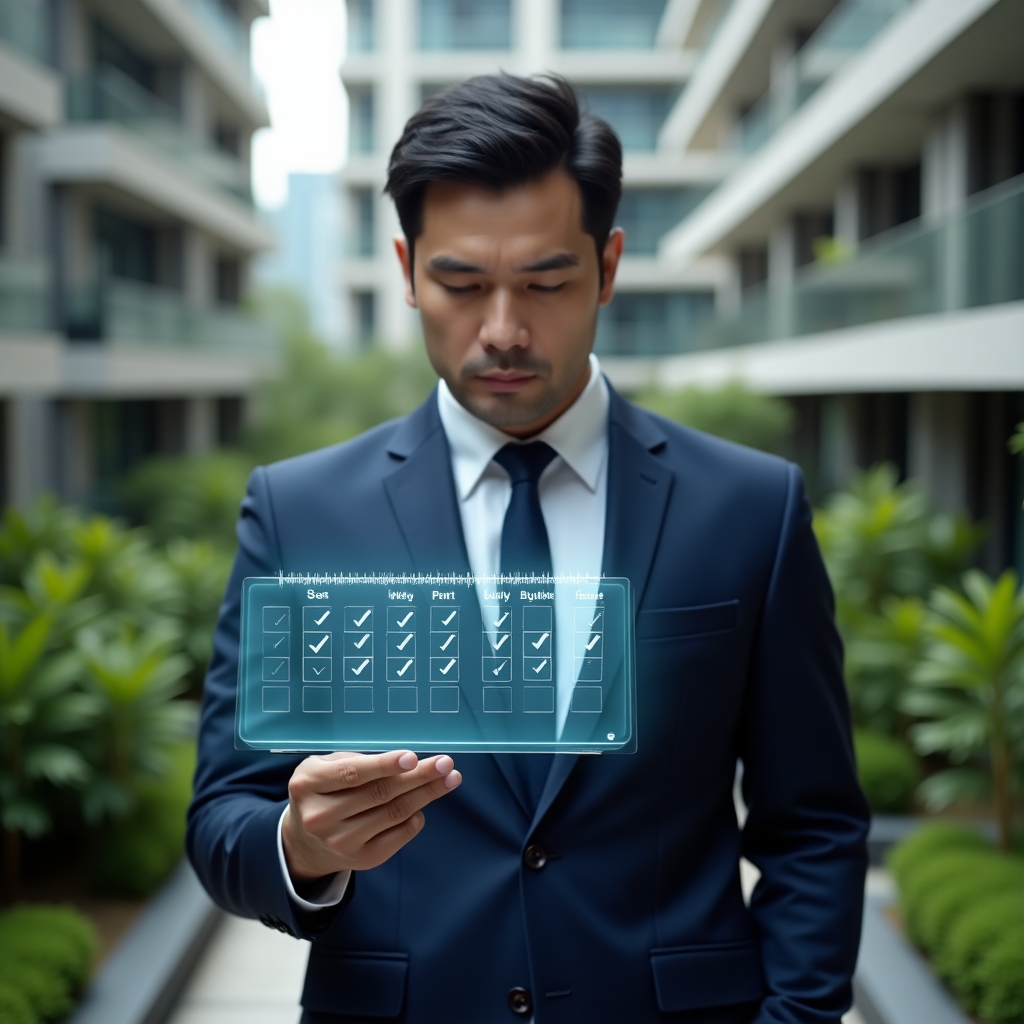 Ultra-realistic condominium manager in a tailored navy suit, set in a modern luxury condominium environment with high-rise buildings and lush green landscaping, examining a floating holographic digital schedule with calendar icons and checkmarks, confident and focused expression, cinematic lighting, shallow depth of field, highly detailed textures, realistic skin, photographic realism, 8k resolution --ar 1:1 --v 6