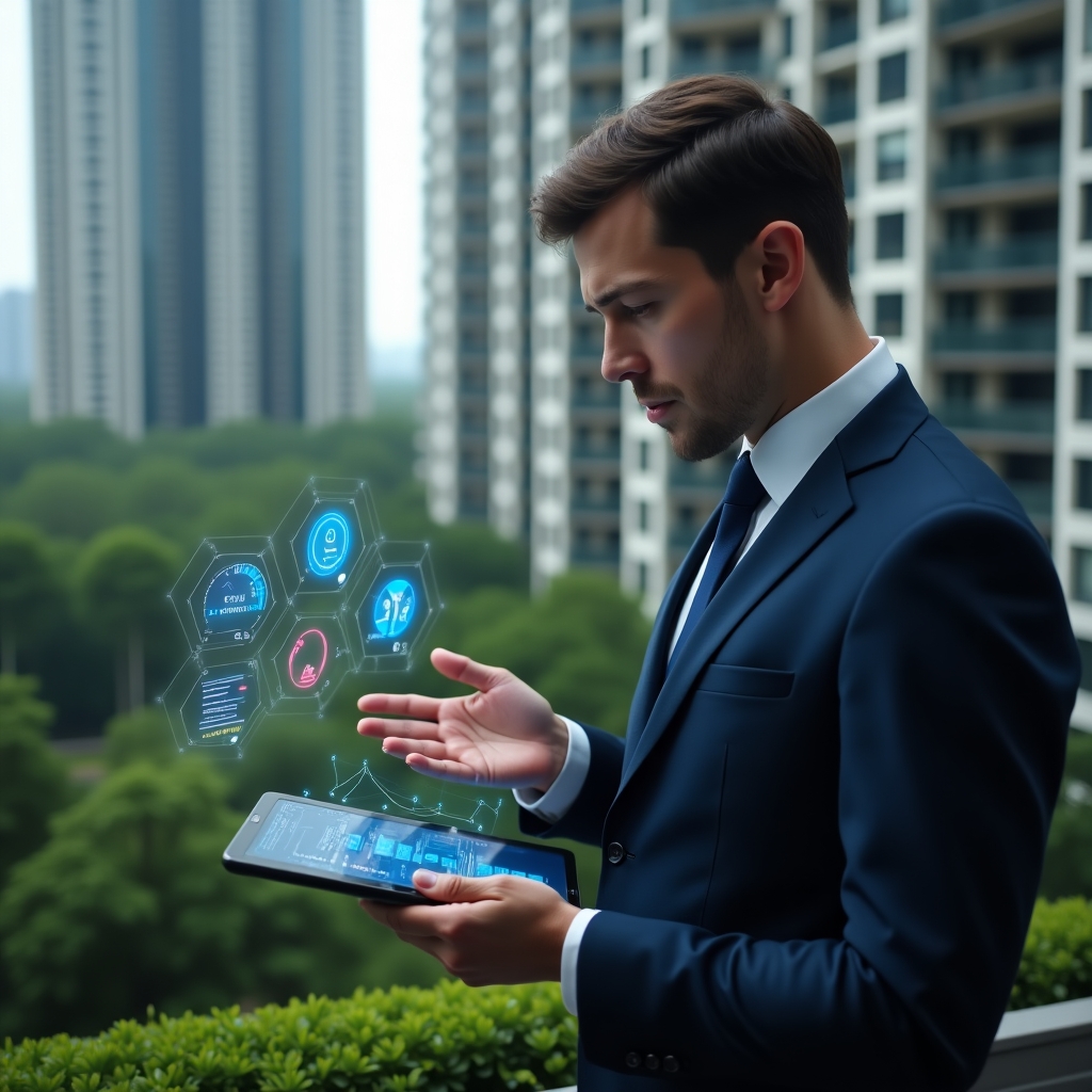(Ultra-realistic condominium manager in a navy suit, set in a modern luxury condominium environment with high-rise buildings and well-manicured green landscaping, examining a futuristic holographic tablet displaying error icons and management dashboards, warning symbol holograms floating around, thoughtful and focused expression, cinematic lighting, shallow depth of field, highly detailed textures, realistic skin, photographic realism, 8k resolution --ar 1:1 --v 6)