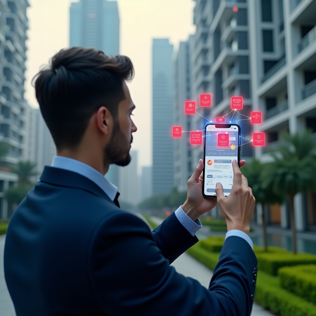 Ultra-realistic condominium manager in a navy blue suit, set in a modern luxury condominium environment with high-rise buildings and manicured green landscaping, examining a holographic app interface displaying seven red warning icons and management dashboards, serious and focused expression, symbolic error icons floating around, cinematic lighting, shallow depth of field, highly detailed textures, realistic skin, photographic realism, 8k resolution --ar 1:1 --v 6