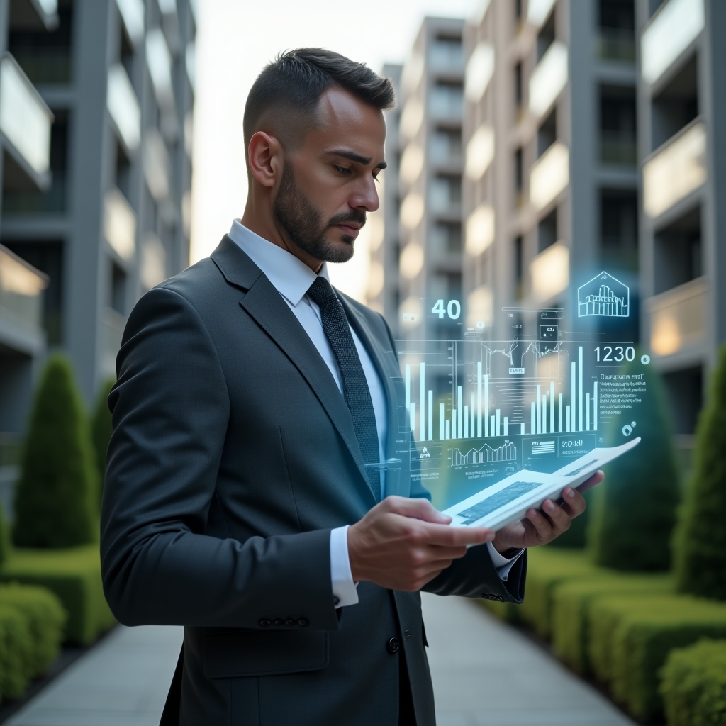 Ultra-realistic condominium manager in a tailored charcoal grey suit, set in a modern luxury condominium environment with high-rise buildings and manicured green landscaping, reviewing a holographic financial report with floating charts and transparency icons, confident and focused expression, cinematic lighting, shallow depth of field, highly detailed textures, realistic skin, photographic realism, 8k resolution --ar 1:1 --v 6