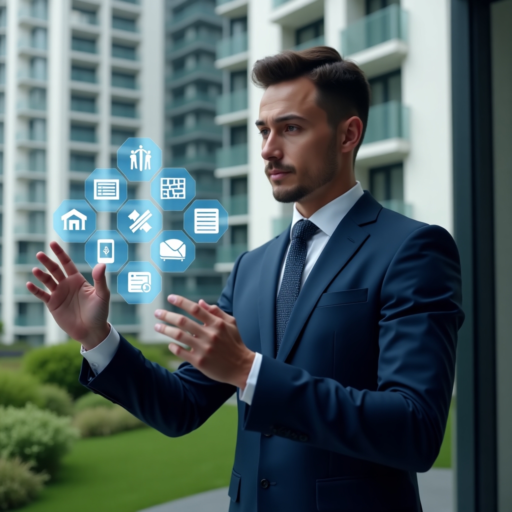 (Ultra-realistic property manager in a navy blue suit, set in a modern luxury condominium environment with high-rise buildings and well-kept green landscaping, interacting with a transparent holographic interface displaying icons for financial charts, messaging bubbles, area reservations, maintenance tools, biometric access scanner, document folder and analytics graphs, confident expression, cinematic lighting, shallow depth of field, highly detailed textures, realistic skin, photographic realism, 8k resolution --ar 1:1 --v 6)