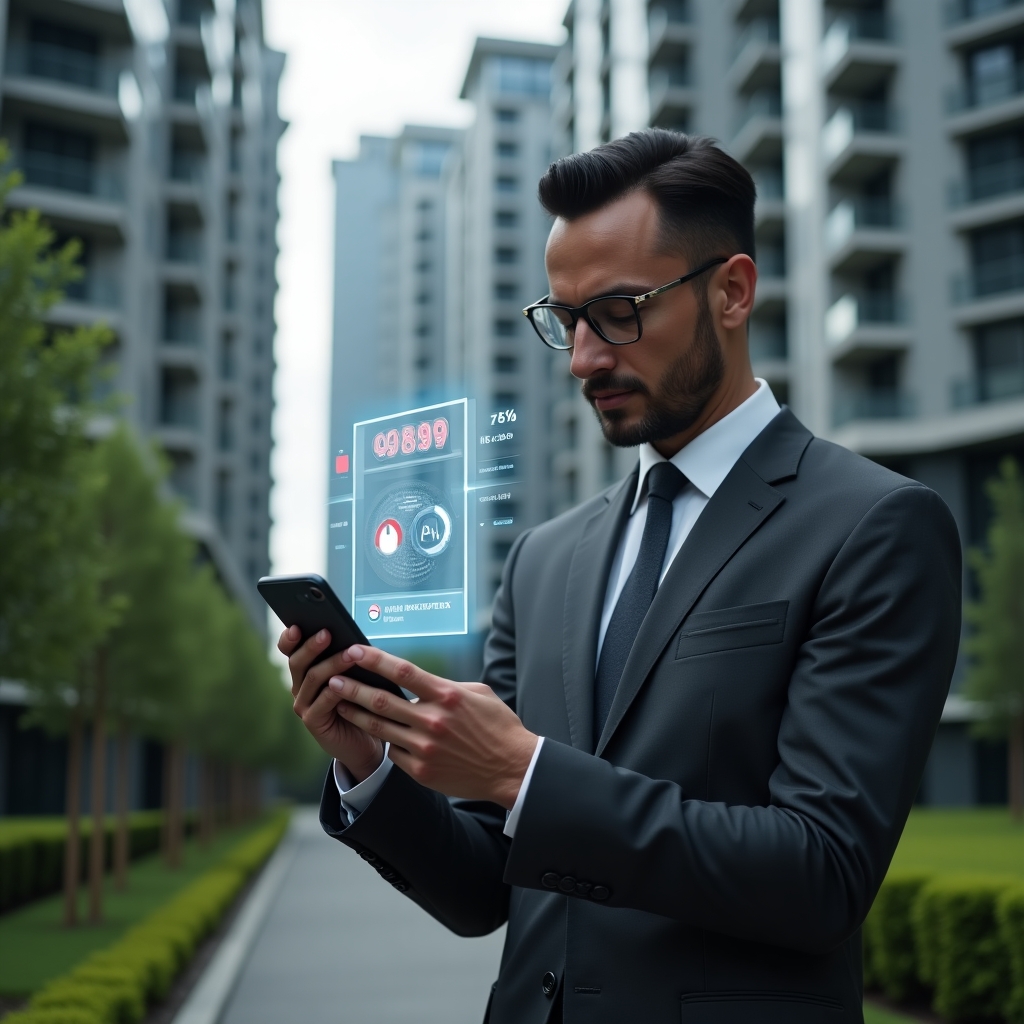 (Ultra-realistic condominium manager in a dark gray tailored suit, set in a modern luxury condominium environment with high-rise buildings and manicured green landscaping, examining a floating holographic interface displaying app performance charts and red warning icons, a translucent smartphone hologram with an “outdated” alert symbol beside him, cinematic lighting, shallow depth of field, highly detailed textures, realistic skin, photographic realism, 8k resolution --ar 1:1 --v 6)