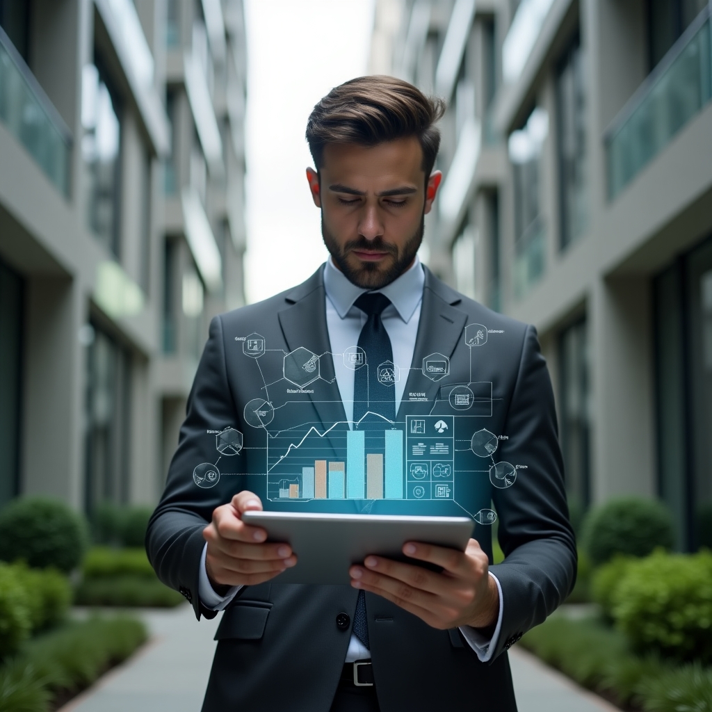 (Ultra-realistic condominium manager in a tailored charcoal gray suit, set in a modern luxury condominium environment with high-rise buildings and manicured green landscaping, holding a sleek tablet displaying holographic financial charts and icons, confidently analyzing digital reports, floating translucent graphs symbolizing transparency and efficiency, cinematic lighting, shallow depth of field, highly detailed textures, realistic skin, photographic realism, 8k resolution --ar 1:1 --v 6)