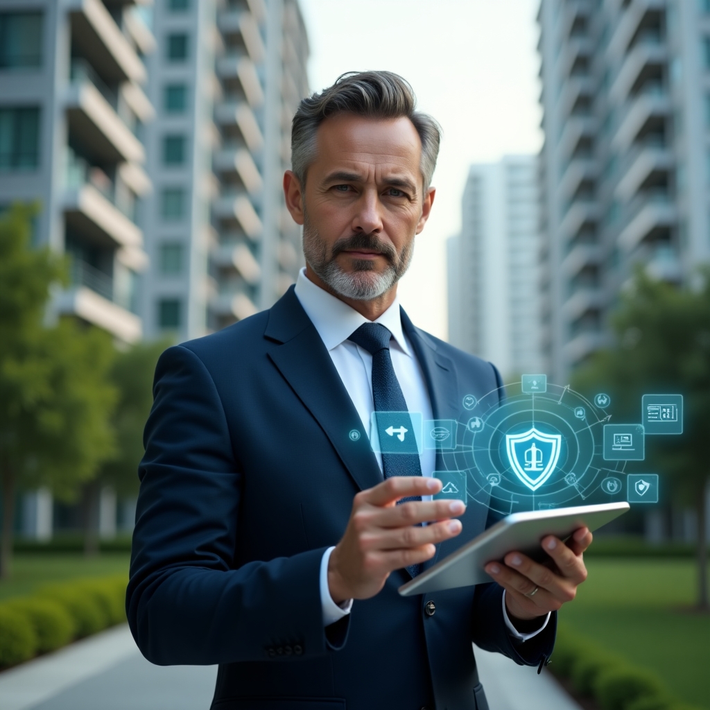 (Ultra-realistic condominium manager in a tailored navy suit, set in a modern luxury condominium environment with high-rise buildings and lush green landscaping, holding a transparent tablet projecting a holographic dashboard of security shields, AI icons and chat bubbles, confident and focused expression, cinematic lighting, shallow depth of field, highly detailed textures, realistic skin, photographic realism, 8k resolution --ar 1:1 --v 6)