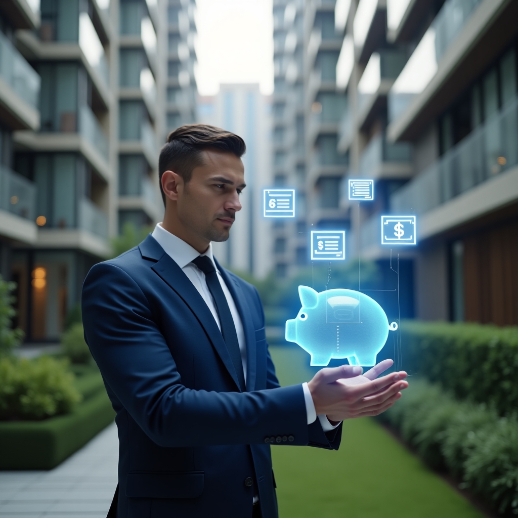 Ultra-realistic condominium manager in a navy blue suit, set in a modern luxury condominium environment with high-rise buildings and meticulously landscaped gardens, standing in a medium shot with a confident, focused expression while reviewing a floating 3D holographic pie chart and contract icons, a transparent emergency fund piggy bank hologram beside him, cinematic lighting, shallow depth of field, highly detailed textures, realistic skin, photographic realism, 8k resolution --ar 1:1 --v 6