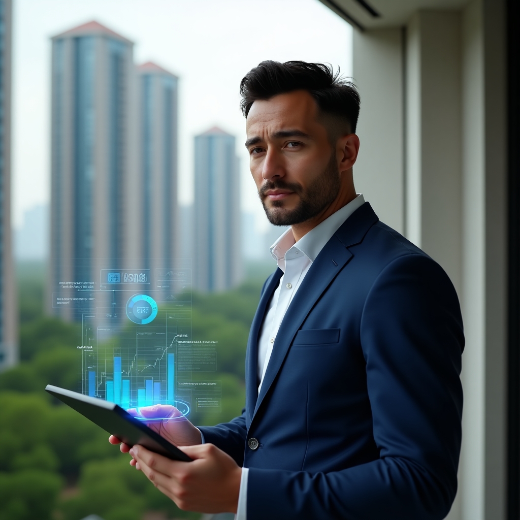 Ultra-realistic condominium manager in a navy blue suit, set in a modern luxury condominium environment with high-rise buildings and lush green landscaping, holding a tablet and analyzing holographic financial charts that represent optimized processes and cost transparency, confident expression, cinematic lighting, shallow depth of field, highly detailed textures, realistic skin, photographic realism, 8k resolution --ar 1:1 --v 6