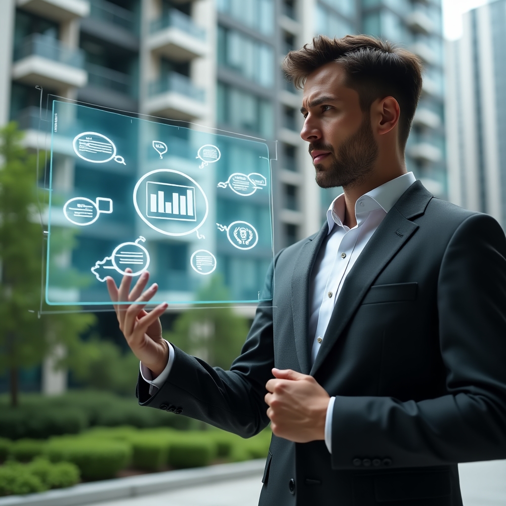 (Ultra-realistic condominium manager in a tailored dark gray suit, set in a modern luxury condominium environment with high-rise buildings and manicured green landscaping, confidently interacting with a floating holographic interface displaying finance charts, chat bubbles and maintenance tools icons to represent unified administration, cinematic lighting, shallow depth of field, highly detailed textures, realistic skin, photographic realism, 8k resolution --ar 1:1 --v 6)