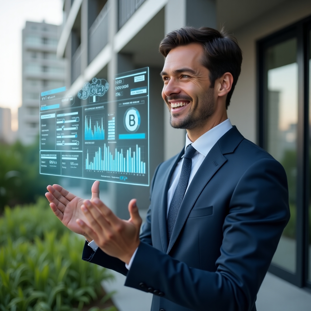 (Ultra-realistic condominium manager in a tailored navy blue suit, set in a modern luxury condominium environment with high-rise buildings and manicured green landscaping, mid-shot close-up of the manager smiling confidently while interacting with a floating holographic financial dashboard showing charts and expense breakdowns, futuristic holographic icons of coins and ledger sheets hovering nearby, cinematic lighting, shallow depth of field, highly detailed textures, realistic skin, photographic realism, 8k resolution --ar 1:1 --v 6)
