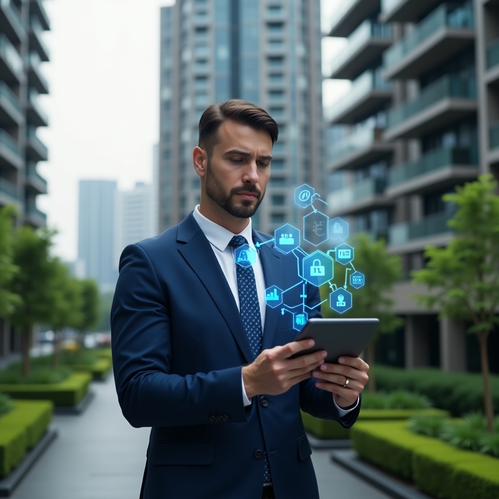 Ultra-realistic condominium manager in a navy blue suit, set in a modern luxury condominium environment with high-rise buildings and manicured green landscaping, holding a tablet displaying holographic condominium management icons (chat bubbles, financial charts, access control symbols), looking confident and focused, cinematic lighting, shallow depth of field, highly detailed textures, realistic skin, photographic realism, 8k resolution --ar 1:1 --v 6