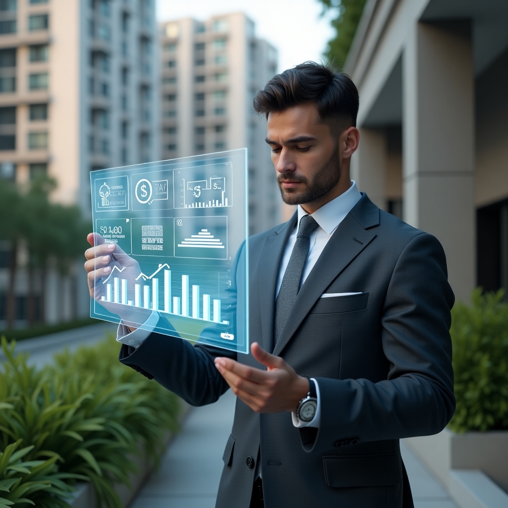 Ultra-realistic condominium manager in a dark gray tailored suit, set in a modern luxury condominium environment with high-rise buildings and green landscaping, medium shot confidently examining a transparent holographic budget chart displaying expense categories, with floating financial icons and holographic graphs symbolizing expense control, cinematic lighting, shallow depth of field, highly detailed textures, realistic skin, photographic realism, 8k resolution --ar 1:1 --v 6
