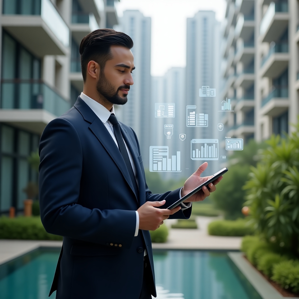 Ultra-realistic condominium manager in a tailored navy suit, set in a modern luxury condominium environment with high-rise buildings and lush green landscaping, holding a tablet displaying holographic budget charts and floating currency icons, confidently analyzing data, cinematic lighting, shallow depth of field, highly detailed textures, realistic skin, photographic realism, 8k resolution --ar 1:1 --v 6