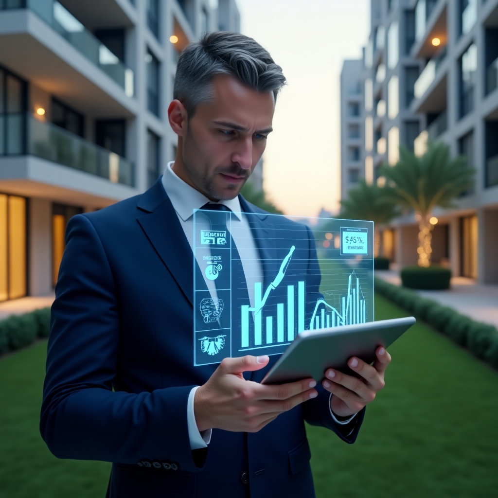(Ultra-realistic condo manager in a dark blue suit, set in a modern luxury condominium environment with high-rise buildings and well-manicured green spaces, reviewing a holographic budget chart with cost-saving icons and repair tool symbols, confident and focused expression, holding a tablet projecting expense graphs, cinematic lighting, shallow depth of field, highly detailed textures, realistic skin, photographic realism, 8k resolution --ar 1:1 --v 6)