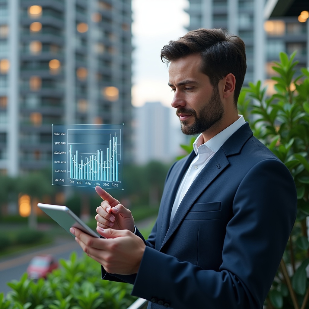 (Ultra-realistic condominium manager in a navy executive suit, set in a modern luxury condominium environment with high-rise buildings and lush green landscaping, confidently reviewing a digital tablet while pointing at a holographic budget chart displaying cost-saving analytics, cinematic lighting, shallow depth of field, highly detailed textures, realistic skin, photographic realism, 8k resolution --ar 1:1 --v 6)