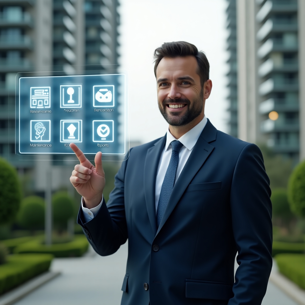 Ultra-realistic condominium manager in a tailored navy suit, set in a modern luxury condominium environment with high-rise buildings and meticulously landscaped greenery, mid-shot close-up, confident manager pointing at a holographic interface displaying icons for finances, reservations, communication, maintenance and reports, cinematic lighting, shallow depth of field, highly detailed textures, realistic skin, photographic realism, 8k resolution --ar 1:1 --v 6