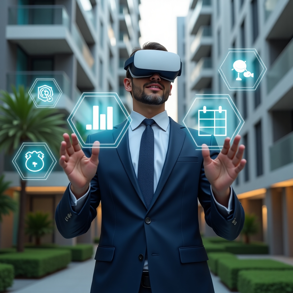 Ultra-realistic condominium manager in a navy blue executive suit, set in a modern luxury condominium environment with high-rise buildings and manicured greenery, confidently interacting with floating holographic icons of financial charts, security cameras, and calendar reservations, cinematic lighting, shallow depth of field, highly detailed textures, realistic skin, photographic realism, 8k resolution --ar 1:1 --v 6