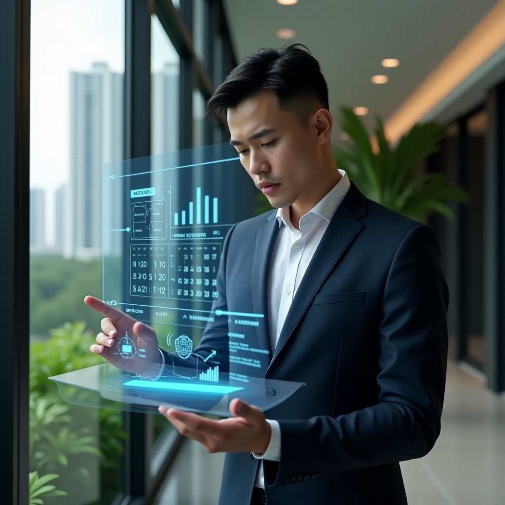 (Ultra-realistic condominium manager in a dark navy suit, set in a modern luxury condominium environment with high-rise buildings and lush green landscaping, examining a holographic interface displaying financial charts, reservation calendar and chat icons, confident and focused expression, cinematic lighting, shallow depth of field, highly detailed textures, realistic skin, photographic realism, 8k resolution --ar 1:1 --v 6)