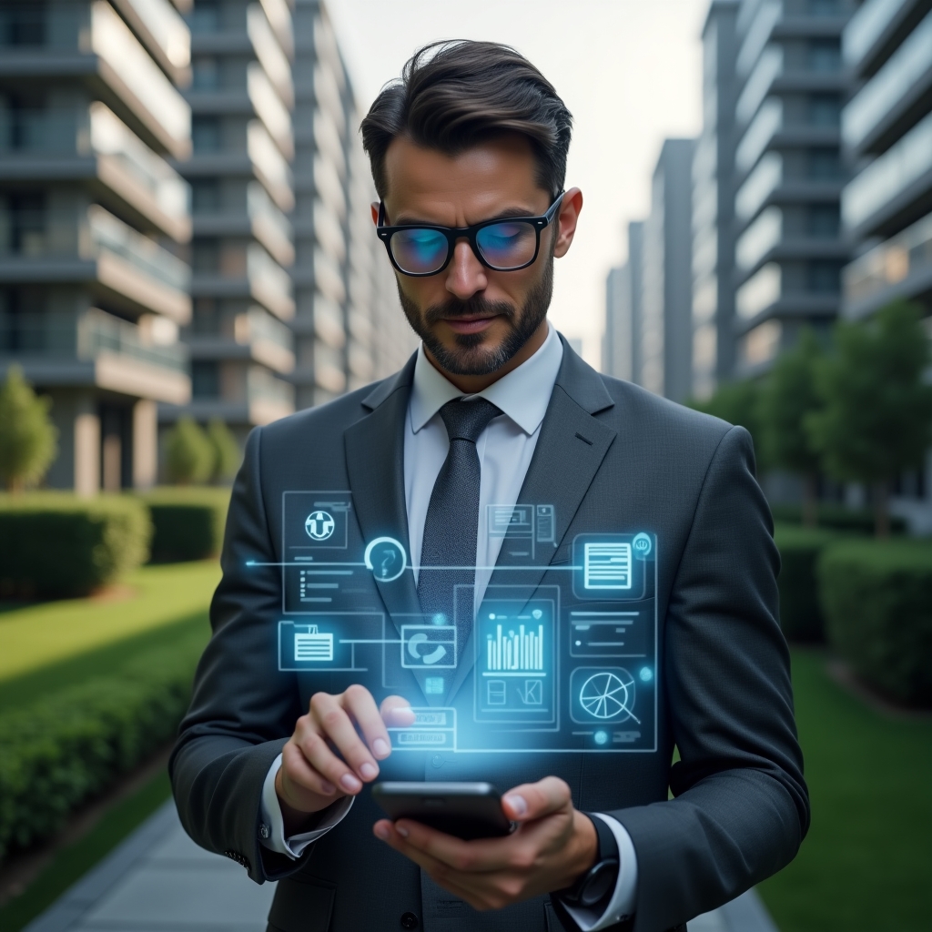 Ultra-realistic condominium manager in a charcoal gray suit, set in a modern luxury condominium environment with high-rise buildings and pristine green landscaping, holding a smartphone that projects a glowing holographic interface of financial charts, booking calendars and chat icons, confident expression, cinematic lighting, shallow depth of field, highly detailed textures, realistic skin, photographic realism, 8k resolution --ar 1:1 --v 6