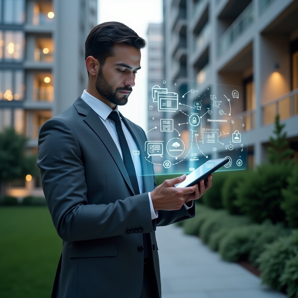 Ultra-realistic condominium property manager in a charcoal gray suit, set in a modern luxury condominium environment with high-rise buildings and manicured green landscaping, holding a transparent holographic tablet displaying icons for finances, reservations, communication, and security, confidently tapping one of the icons, futuristic digital overlays around the device symbolizing efficiency and organization, cinematic lighting, shallow depth of field, highly detailed textures, realistic skin, photographic realism, 8k resolution --ar 1:1 --v 6