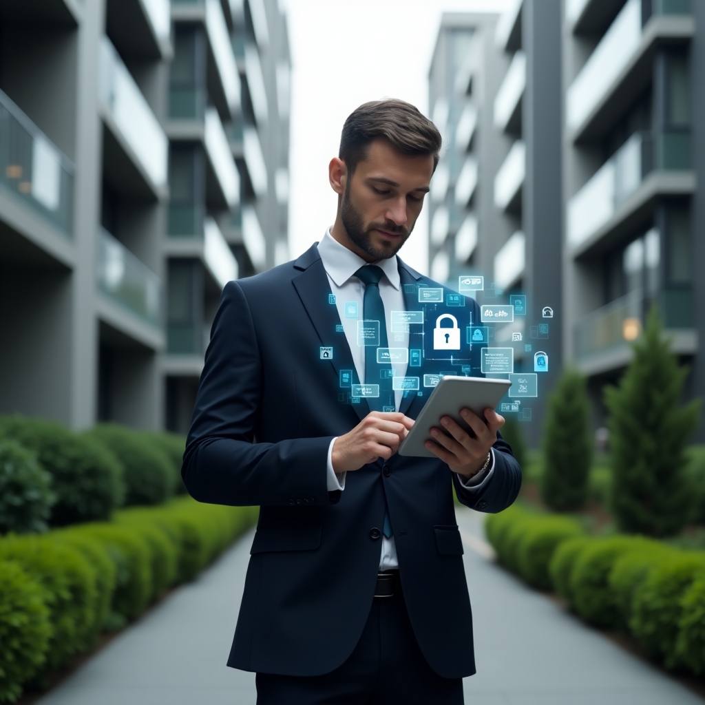 Ultra-realistic condo manager in a tailored dark suit, set in a modern luxury condominium environment with high-rise buildings and manicured green landscaping, holding a tablet projecting holographic icons of chat bubbles, financial charts and security locks, confidently reviewing the interface, cinematic lighting, shallow depth of field, highly detailed textures, realistic skin, photographic realism, 8k resolution --ar 1:1 --v 6