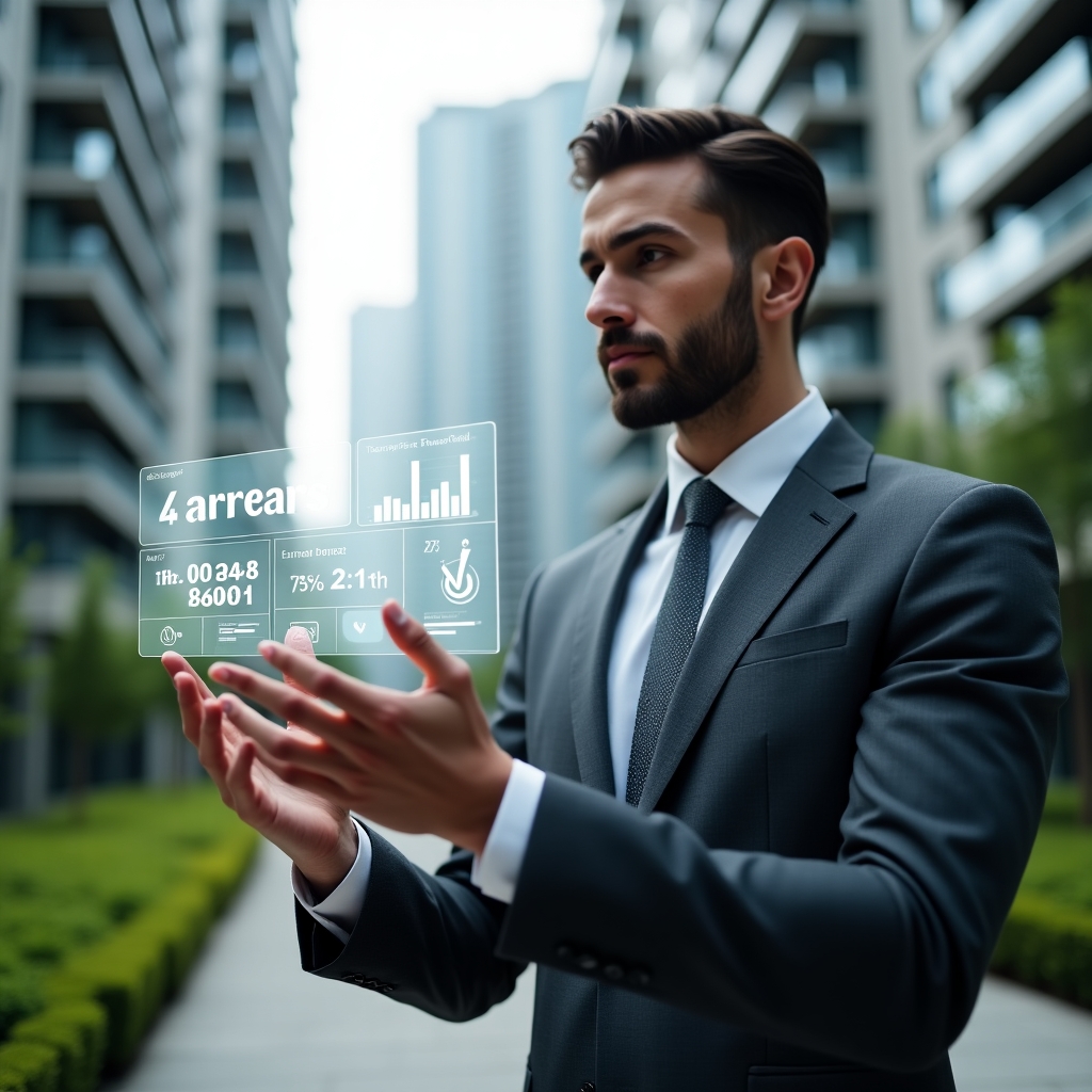 Ultra-realistic condominium manager in a tailored dark gray suit, set in a modern luxury condominium environment with high-rise buildings and manicured green landscaping, mid-shot of a confident professional analyzing a floating holographic financial dashboard displaying charts and indicators, with translucent icons for arrears, budget vs. actual, and reserve fund, cinematic lighting, shallow depth of field, highly detailed textures, realistic skin, photographic realism, 8k resolution --ar 1:1 --v 6