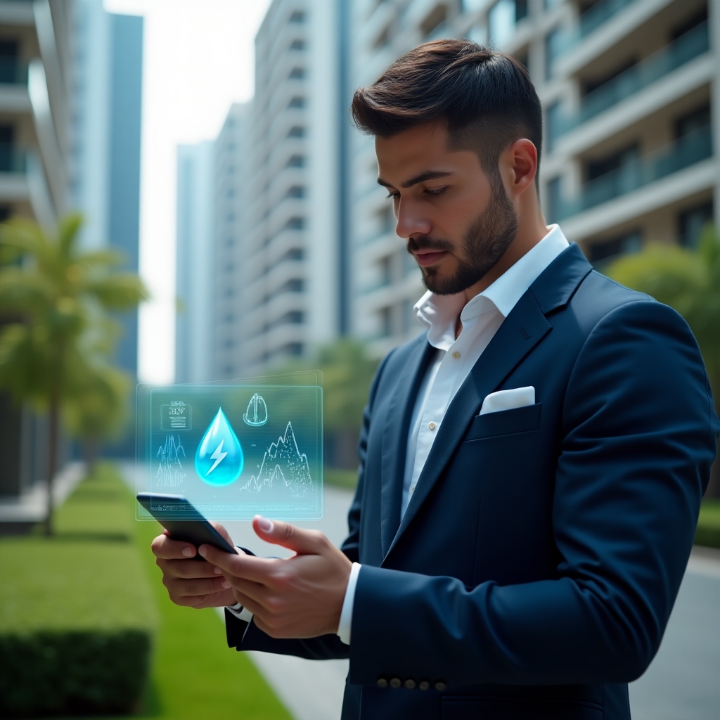 (Ultra-realistic condo manager in a navy tailored suit, set in a modern luxury condominium environment with high-rise buildings and manicured green landscaping, reviewing a holographic financial dashboard displaying water droplet, lightning bolt, and broom icons to symbolize cost savings, confident and focused expression, cinematic lighting, shallow depth of field, highly detailed textures, realistic skin, photographic realism, 8k resolution --ar 1:1 --v 6)