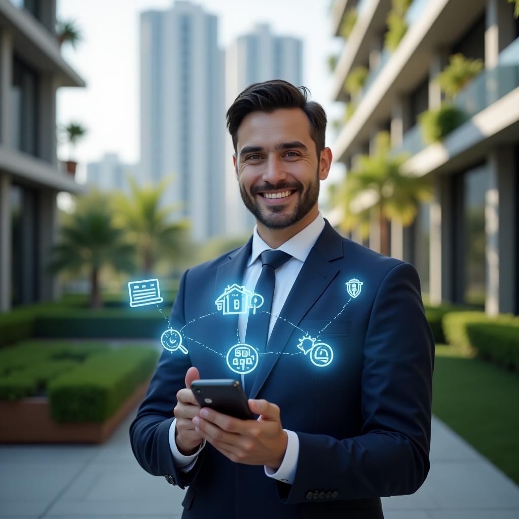(Ultra-realistic condominium manager in a navy executive suit, set in a modern luxury condominium environment with high-rise buildings and lush green landscaping, holding a smartphone displaying a holographic app dashboard, confident smile while interacting with floating digital icons representing communication, finance and security, cinematic lighting, shallow depth of field, highly detailed textures, realistic skin, photographic realism, 8k resolution --ar 1:1 --v 6)