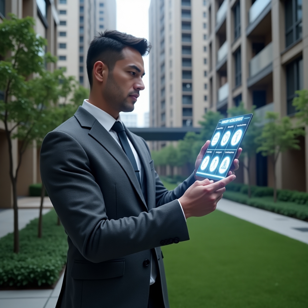 Ultra-realistic condominium manager in a charcoal gray suit, set in a modern luxury condominium environment with high-rise buildings and manicured green landscaping, holding and analyzing a holographic maintenance schedule with glowing icons representing cleaning, security, and repairs, confident and focused expression, cinematic lighting, shallow depth of field, highly detailed textures, realistic skin, photographic realism, 8k resolution --ar 1:1 --v 6