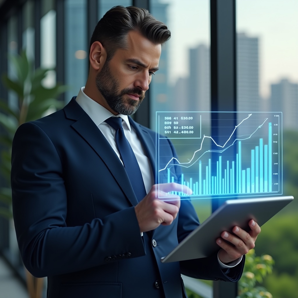 (Ultra-realistic condominium manager in a dark blue tailored suit, set in a modern luxury condominium environment with high-rise buildings and manicured green landscaping, medium close-up of the manager confidently analyzing a transparent holographic expense chart projected above a sleek tablet, the glowing financial graphs symbolizing cost control and transparency, cinematic lighting, shallow depth of field, highly detailed textures, realistic skin, photographic realism, 8k resolution --ar 1:1 --v 6)