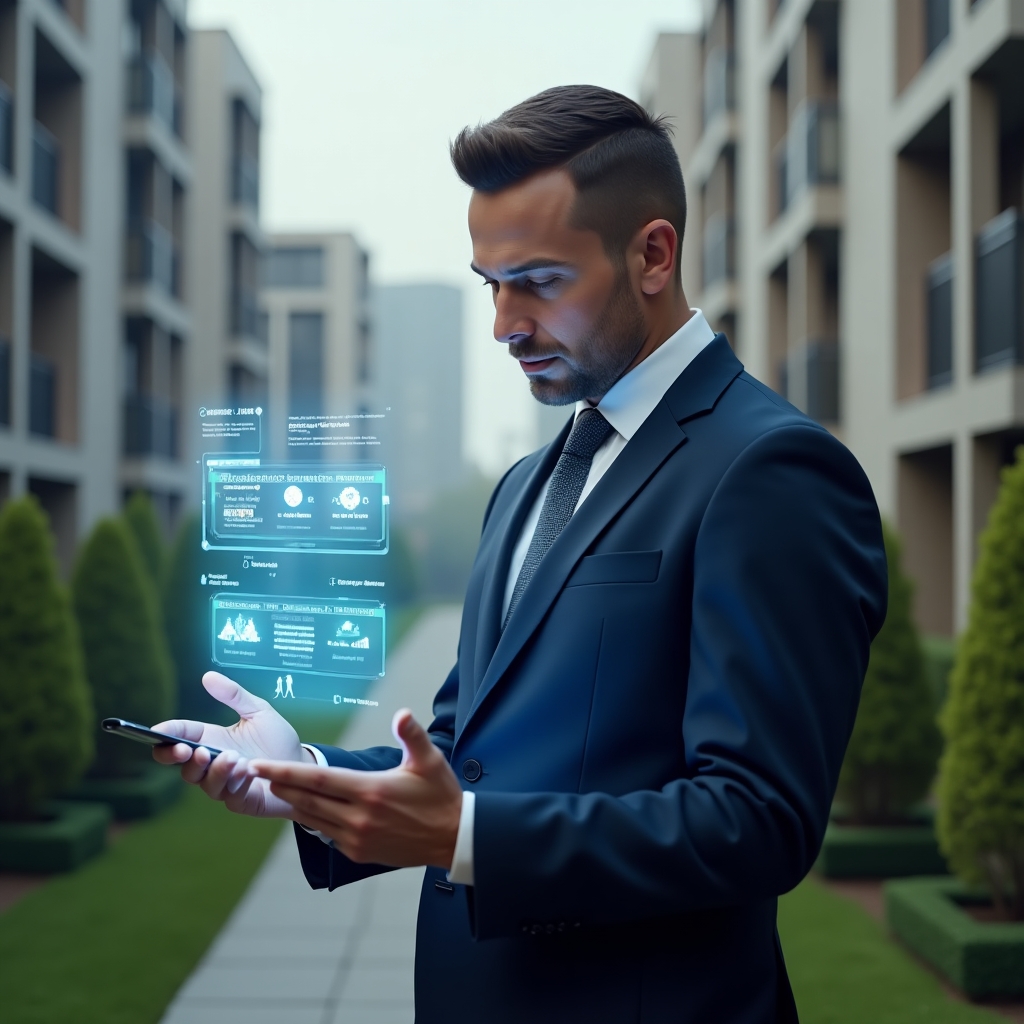 (Ultra-realistic condominium manager in a tailored navy suit, set in a modern luxury condominium environment with high-rise buildings and manicured green landscaping, examining a floating holographic maintenance schedule with glowing task icons and checklist, symbolic gears and notification icons representing automation, confident and focused expression, cinematic lighting, shallow depth of field, highly detailed textures, realistic skin, photographic realism, 8k resolution --ar 1:1 --v 6)