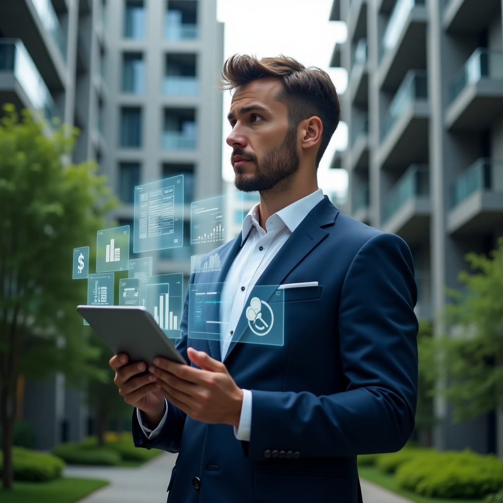 Ultra-realistic condominium manager in a dark blue suit, set in a modern luxury condominium environment with high-rise buildings and well-maintained green landscaping, medium shot of a thoughtful manager holding a tablet displaying holographic financial reports, floating charts and icons symbolizing budgeting and transparency, cinematic lighting, shallow depth of field, highly detailed textures, realistic skin, photographic realism, 8k resolution --ar 1:1 --v 6