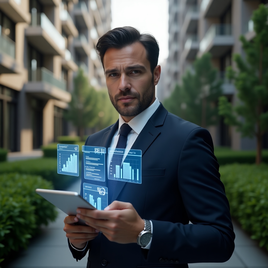 (Ultra-realistic condominium manager in a tailored navy suit, set in a modern luxury condominium environment with high-rise buildings and manicured green landscaping, holding a digital tablet displaying holographic receipts and monthly expense graphs, confident expression, shallow depth of field, cinematic lighting, highly detailed textures, realistic skin, photographic realism, 8k resolution --ar 1:1 --v 6)