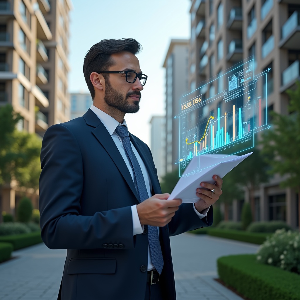 (Ultra-realistic condominium manager in a tailored navy suit, set in a modern luxury condominium environment with high-rise buildings and meticulously landscaped gardens, examining floating holographic financial reports and colorful expense charts with a focused, confident expression, translucent data grids and bar graphs surrounding them as symbolic visual elements of transparency and cost control, cinematic lighting, shallow depth of field, highly detailed textures, realistic skin, photographic realism, 8k resolution --ar 1:1 --v 6)