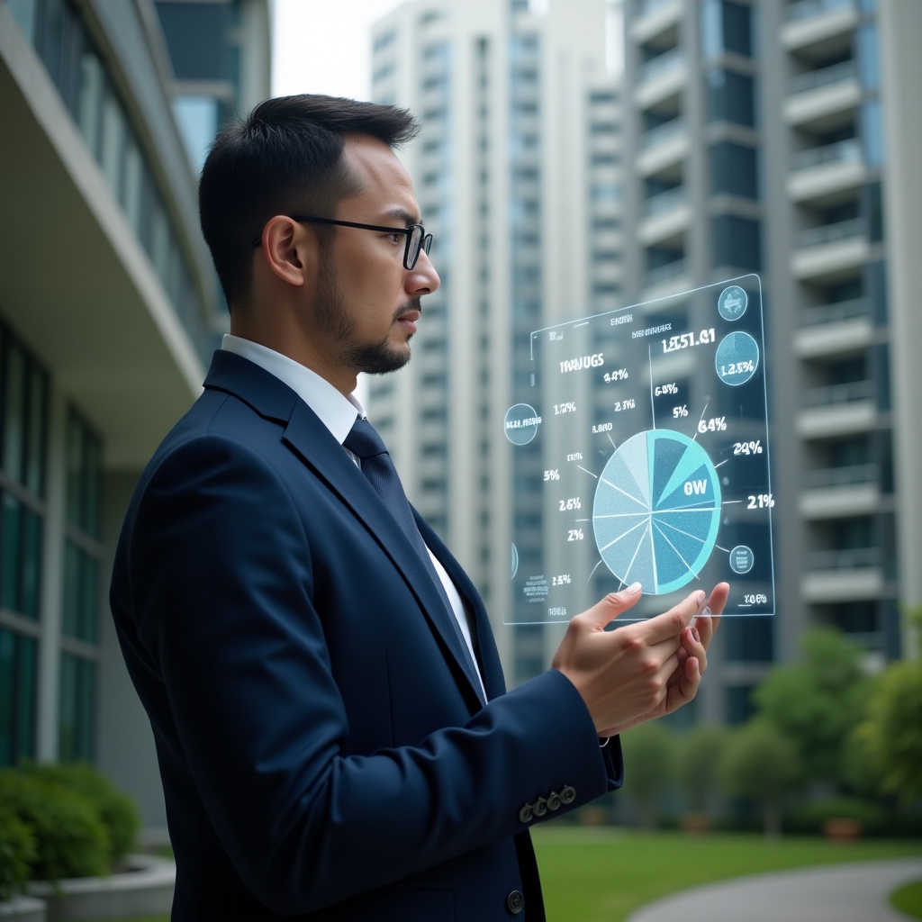Ultra-realistic condominium manager in a tailored navy suit, set in a modern luxury condominium environment with high-rise buildings and meticulously landscaped greenery, examining a holographic pie chart of fractional ownership percentages with floating percentage icons, thoughtful expression, cinematic lighting, shallow depth of field, highly detailed textures, realistic skin, photographic realism, 8k resolution --ar 1:1 --v 6