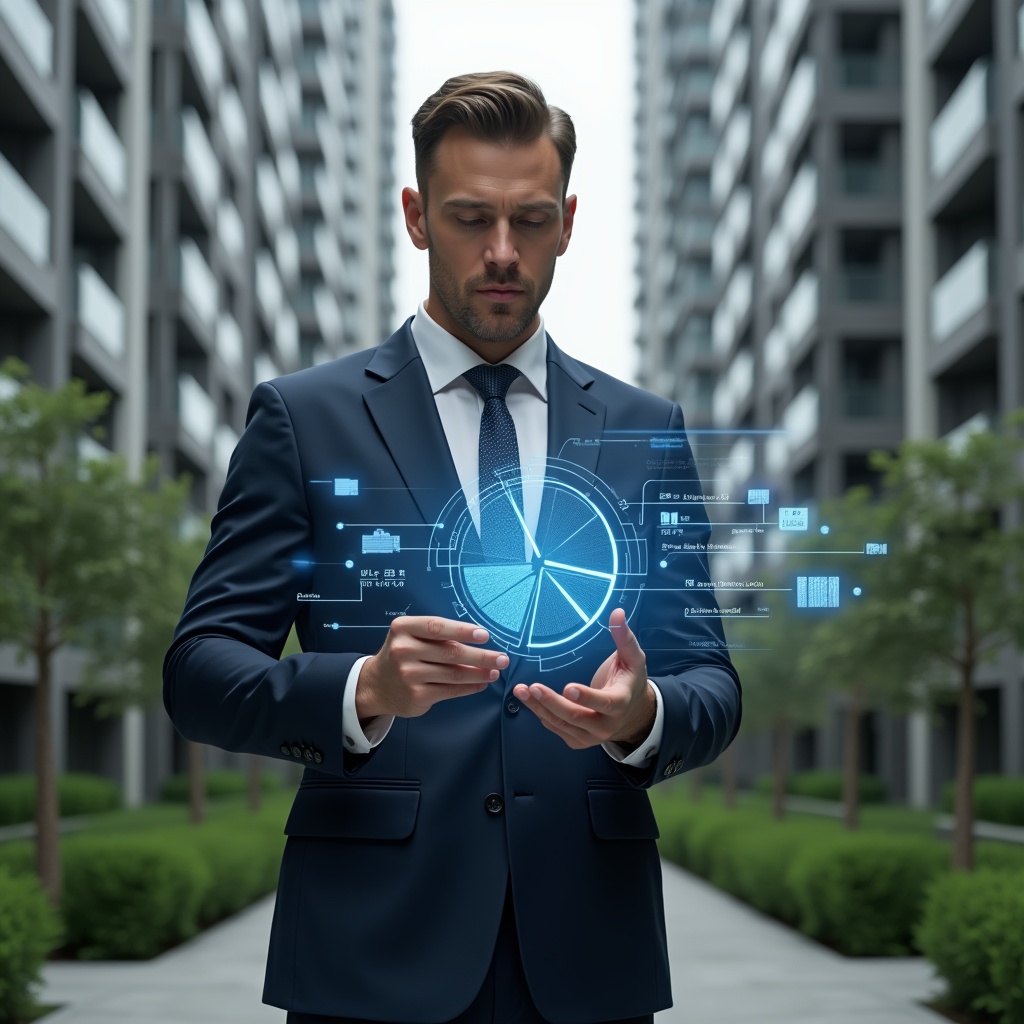 Ultra-realistic condominium manager in a navy tailored suit, set in a modern luxury condominium environment with high-rise buildings and manicured green landscaping, holding and analyzing a holographic 3D pie chart representing ideal fractions, confident and focused expression, subtle floating icons of currency symbols and building blueprints, cinematic lighting, shallow depth of field, highly detailed textures, realistic skin, photographic realism, 8k resolution --ar 1:1 --v 6