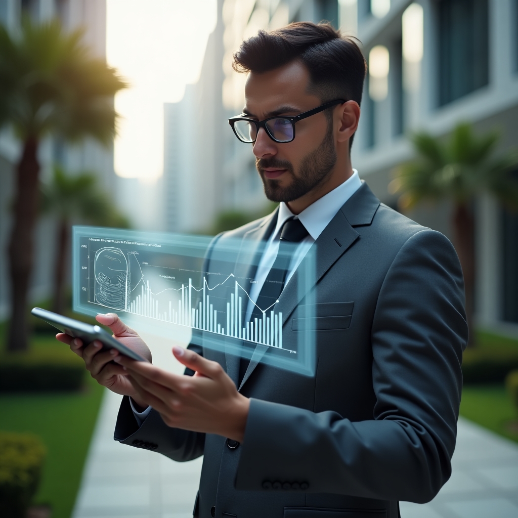 (Ultra-realistic condominium manager in a tailored gray suit, set in a modern luxury condominium environment with high-rise buildings and manicured green landscaping, examining a transparent holographic financial dashboard projected from a sleek tablet, holding a virtual coin stack icon symbolizing cost control, cinematic lighting, shallow depth of field, highly detailed textures, realistic skin, photographic realism, 8k resolution --ar 1:1 --v 6)