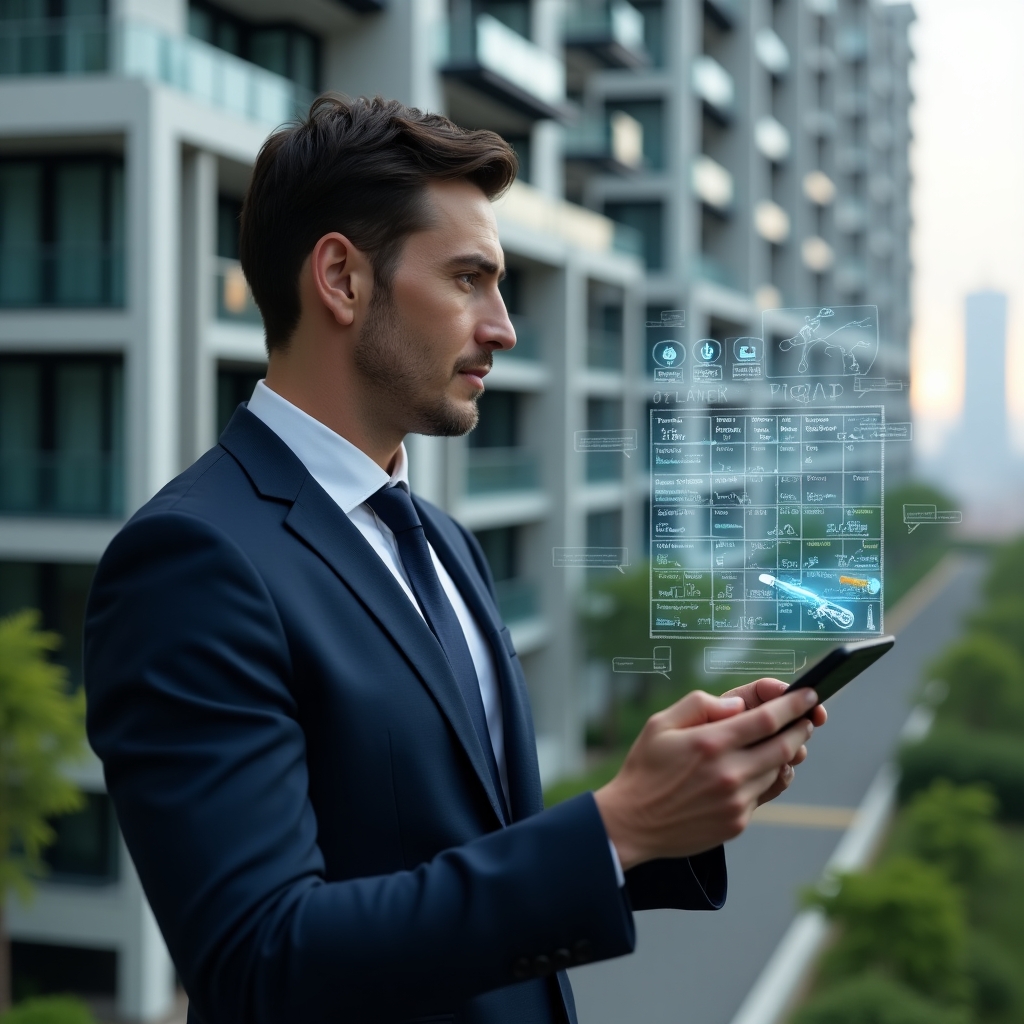 Ultra-realistic condominium manager in a navy executive suit, set in a modern luxury condominium environment with high-rise buildings and manicured green landscaping, reviewing a holographic calendar schedule with highlighted maintenance, assembly and inspection tasks, floating icons of tools and meeting symbols, focused and confident expression, cinematic lighting, shallow depth of field, highly detailed textures, realistic skin, photographic realism, 8k resolution --ar 1:1 --v 6