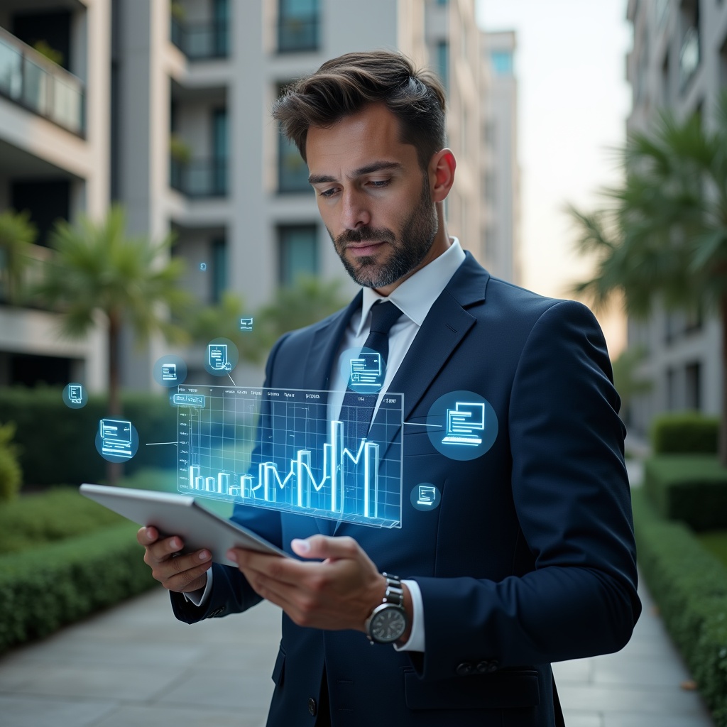 Ultra-realistic condominium manager in a navy suit, set in a modern luxury condominium environment with high-rise buildings and manicured greenery, reviewing holographic financial charts on a digital tablet, floating icons of receipts and balance sheets around him, focused and confident expression, cinematic lighting, shallow depth of field, highly detailed textures, realistic skin, photographic realism, 8k resolution --ar 1:1 --v 6
