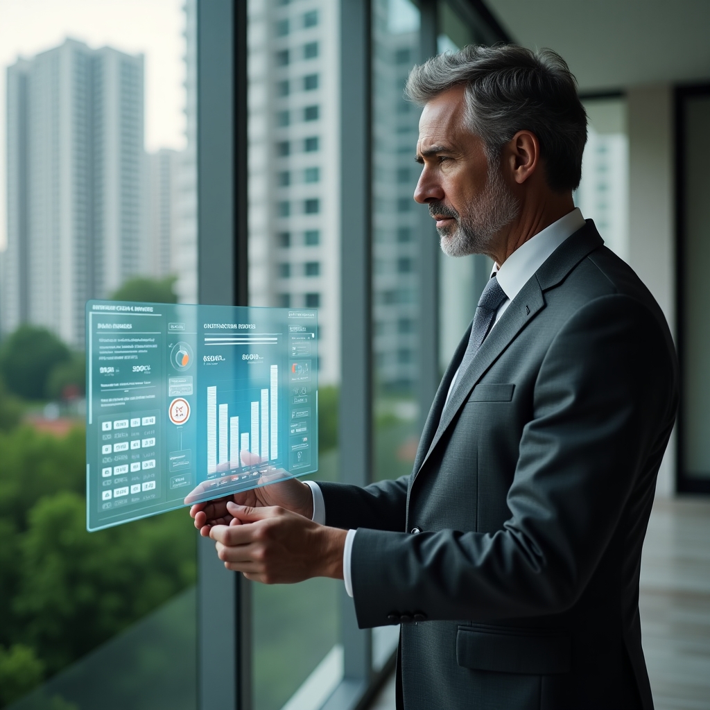 Ultra-realistic condominium manager in a charcoal gray executive suit, set in a modern luxury condominium environment with high-rise buildings and lush green landscaping, examining a floating holographic dashboard with expense charts and construction icons, focused and confident expression, cinematic lighting, shallow depth of field, highly detailed textures, realistic skin, photographic realism, 8k resolution --ar 1:1 --v 6