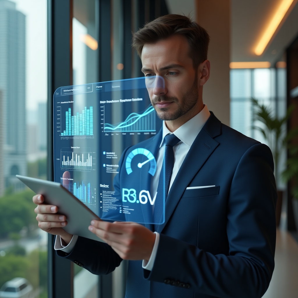 Ultra-realistic condominium manager in a navy executive suit, set in a modern luxury condominium lobby with high-rise buildings and lush greenery visible through glass walls, confidently reviewing a holographic budgeting dashboard displaying expense charts and alert icons, cinematic lighting, shallow depth of field, highly detailed textures, realistic skin, photographic realism, 8k resolution --ar 1:1 --v 6